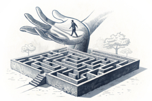 A towering hand gently guides a maze of interconnected digital pathways, symbolizing the charity's adaptation to the new funding system.