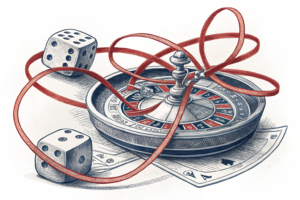 A tangled web of digital red tape surrounds a spinning roulette wheel, while a pair of dice are caught in a regulatory maze.