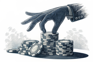 A giant hand casts a shadow over a stack of fading digital casino chips, symbolizing mounting consolidation pressures in the gaming sector.