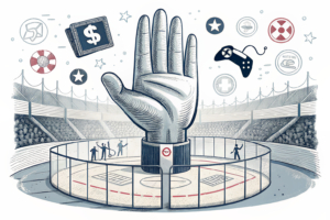 A towering hand enforces strict limits on a digital gaming arena surrounded by regulated barriers.