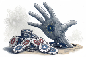 A giant hand casts a shadow over a diverse group of digital gaming chips, some fading away, symbolizing the exclusion of grey market operators in Austria's online gambling sector.