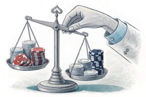 A scale tips in favor of a hand holding a stack of digital poker chips, while the other hand grasps at fading chips, symbolizing the importance of choosing the right welcome bonus.
