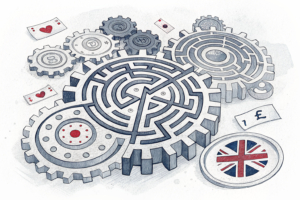 A maze of interconnected gears symbolizes the intricate regulatory mechanisms of the British gambling industry.