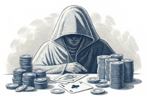 A shadowy figure casts a veil over a clandestine gambling den, with stacks of hidden chips and illicit activities obscured in the darkness.