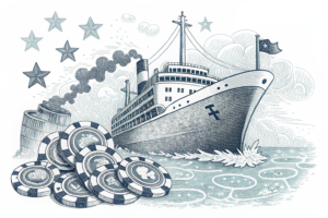 A large ship sails through a sea of digital gaming chips, symbolizing the expansion of shipboard gaming operations across Europe.