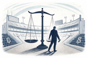 A scale balances between a sports arena and a financial market, with a shadowy figure manipulating the outcome.