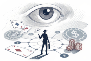 A large, watchful eye oversees a digital network of interconnected gambling transactions, with a shadowy figure holding the key to access.