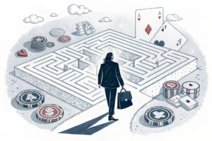 A digital labyrinth of interconnected gambling platforms looms over a shadowed figure struggling to navigate through the maze.