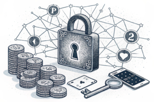 A large, intricate web of interconnected digital locks surrounds a glowing key, symbolizing the upcoming launch of regulated online gambling in 2027.