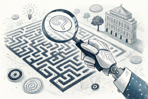 A robotic hand holds a magnifying glass over a maze of interconnected digital pathways, highlighting the challenges of AML compliance in the gambling industry.