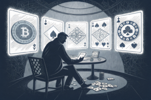 A shadowy figure plays a high-stakes game of cards in a dimly lit room, surrounded by digital screens displaying fluctuating numbers.