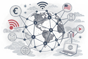 A glowing, interconnected network of digital nodes symbolizes the seamless access to a decade of industry insights and news through Ask FocusAI.