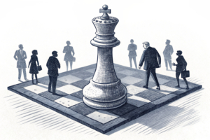 A giant chess piece moves strategically on a board surrounded by shadowy figures, symbolizing political maneuvering and controversy.