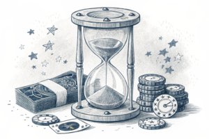 A towering hourglass with sand flowing slowly symbolizes the measured approach to gambling regulation in Ukraine.