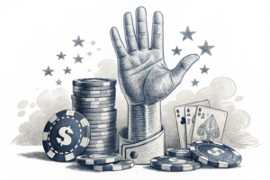 A towering hand restricts the growth of a digital gambling market, surrounded by fading betting chips.