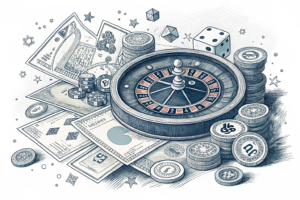 A digital roulette wheel spins inside a transparent blockchain, surrounded by fading classic casino games and emerging original titles.