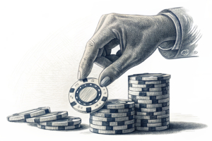 A towering hand casts a shadow over a stack of fading digital betting chips, symbolizing increased taxes and reporting requirements for online sportsbooks.