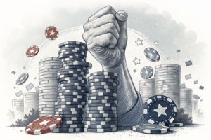 A towering wall of stacked poker chips crumbles under the weight of a giant, imposing hand, symbolizing the push to end the state monopoly on gambling.