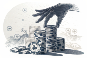 A towering hand casts a shadow over a diminishing stack of digital casino chips.