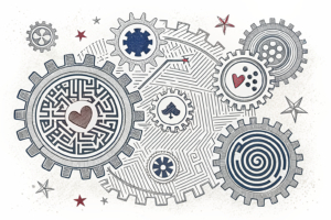 A maze of interconnected gears symbolizes the complex system of monitoring risky gambling patterns across Europe.
