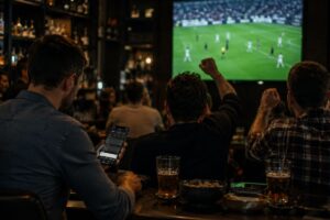 A view from behind three men sitting at a bar counter in a dimly lit pub or sports bar, watching a football match on a large television screen in the background. The man on the left holds a smartphone displaying a sports betting application or live score interface. The two men next to him have their fists raised in celebration. Pints of beer, a bowl of peanuts, and other bar snacks sit on the counter in front of them, with shelves of liquor bottles visible in the blurred background.