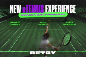 A promotional sports graphic for BETBY. The large main headline reads ‘NEW eTENNIS EXPERIENCE’ directly above a bright green pill-shaped banner containing the subheader ‘ARRIVES AHEAD OF WIMBLEDON’ in purple. Three key features are spaced horizontally across the upper section of the court in bright green text: ‘ENHANCED GRAPHICS’, ‘MORE MARKETS’, and ‘HIGHER ENGAGEMENT’. The white BETBY logo is centred along the green baseline at the bottom.
