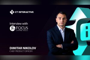 A promotional interview graphic. On the right, a colour portrait shows Dimitar Nikolov. In the upper left corner, the white 'CT INTERACTIVE' logo is displayed. Below it, the text reads ‘Interview with’ followed by the Focus Gaming News logo. In the lower-left corner, his name is printed in bold white capital letters as ‘DIMITAR NIKOLOV’, with his job title ‘CHIEF PRODUCT OFFICER’ written in a lighter font underneath.