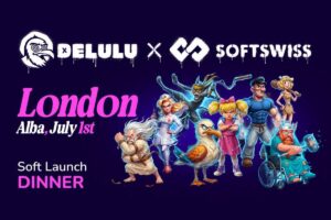 A promotional event graphic. At the top, white logos with a dripping graffiti effect read ‘DELULU X SOFTSWISS’. On the left side, the text reads ‘London’ in a large, pink italicised font, followed by ‘Alba, July 1st’ in white and pink script, and ‘Soft Launch DINNER’ below it. On the right side, an array of colourful cartoon characters are gathered.