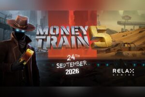 A promotional teaser graphic for the online slot game ‘MONEY TRAIN 5’ by Relax Gaming, set against a dystopian, post-apocalyptic landscape divided into three sections. The central vertical column is a solid red block featuring the game's logo, with ‘MONEY TRAIN’ in industrial silver 3D text and the number ‘5’ in large, distressed gold block lettering. Below the main logo, a handwritten-style white text reads ‘24TH SEPTEMBER 2026’, and the white Relax Gaming logo is positioned in the bottom-right corner.
