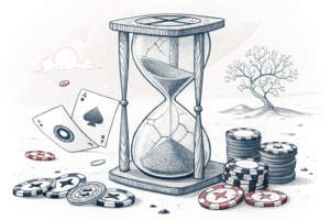 A large, cracked hourglass symbolizes the time running out for regulated sportsbooks as unlicensed operators scoop up a pile of digital betting chips.
