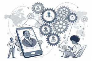 A smartphone surrounded by a web of interconnected gears symbolizing the growth of online earning culture in Africa through accessible trading tools.