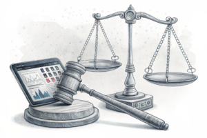 A scale balancing a gavel and a digital prediction market platform, with the gavel weighing heavier.