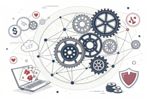 A tangled web of interconnected gears symbolizing the intricate processes lacking in identifying harm indicators in online gambling operations.