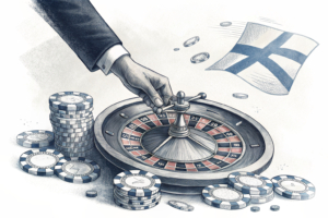 A towering hand gently guides a spinning roulette wheel, surrounded by fading digital chips, symbolizing the newly proposed regulations for online gambling in Finland.