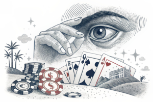 A watchful eye oversees a digital landscape of fading gambling ads, with a looming hand ready to take action.