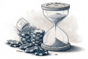 A broken hourglass spills sand over a pile of digital gambling chips, symbolizing the consequences of breaching regulations in the gambling industry.
