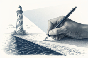 A hand draws a boundary line between a shadowy offshore area and a brightly lit regulated space.