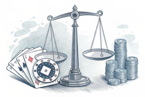 A digital scale balances a stack of virtual coins, while a shadow looms over a group of online gambling operators.