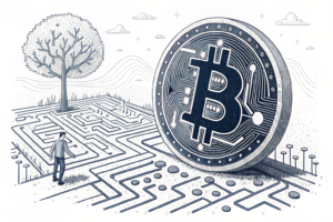 A glowing, abstract maze of interconnected digital circuits envelops a shimmering, oversized crypto coin, symbolizing the fusion of technology and gambling in the future of igaming.