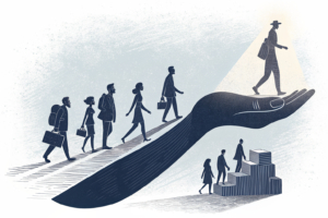 A shadowy hand gently guides a diverse group of individuals away from a fading stack of abstract shapes representing losses, while a subtle light shines on a path leading to a brighter future.