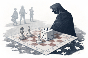 A shadowy figure casts dice on a political chessboard, surrounded by blurred figures placing secret bets.