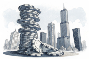 A towering, abstract structure of intertwined casino chips hovers over a cityscape, casting a shadow of uncertainty.