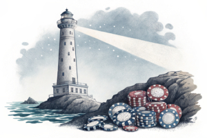 A towering lighthouse shines a beacon of light over a sea of fading digital gambling chips.