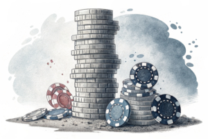 A crumbling tower of digital coins surrounded by fading gambling chips symbolizes decreasing tax revenue in the gambling industry.