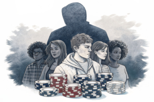A group of diverse young adults are surrounded by digital betting chips, while a shadowy figure lurks in the background.