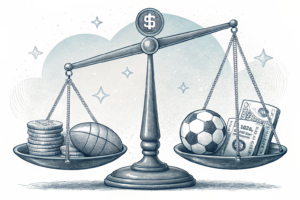 A scale balancing between a traditional sportsbook and a futuristic prediction market, with a spotlight shining on the prediction market side.