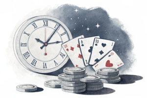 A digital clock with gambling symbols as hands ticks away while a shadow looms over a fading stack of coins.