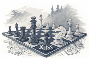 A chessboard with pieces representing different companies stands in a shadowy room, with a clock ticking ominously in the background.