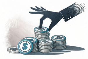 A digital hand casts a shadow over a stack of virtual coins, symbolizing the crackdown on unlicensed gambling promotion on social media platforms.