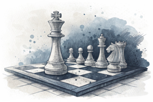 A group of chess pieces stand on a board, with some pieces having more power and control over others, symbolizing a struggle for influence and strategic moves.